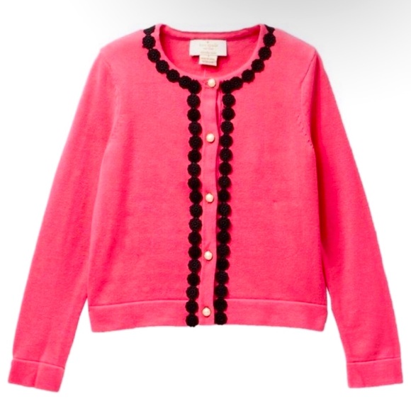 KATE SPADE Cardigan Sweater Pink with Black lace and pearl button accents Girl 5 - Picture 1 of 9